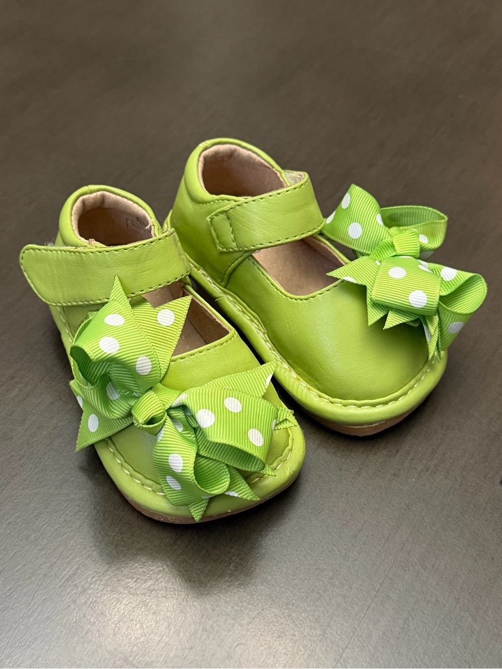 Kids Polka Dot Bow Mary Jane Squeak Shoes - Lime Green Size 1